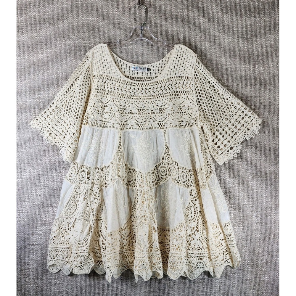 Angel Heart Boutique Open Crochet Tunic Top Womens Plus *1X Cream Babydoll Boho